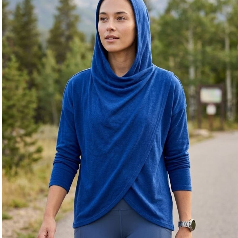 Athleta Purana Wrap Sweatshirt Womens Small Blue Hooded Yoga Cardigan Modal